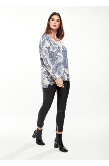 Women's Elegant Blue Marble Print V-neck Top with Full Length Sleeves for Stylish Versatility