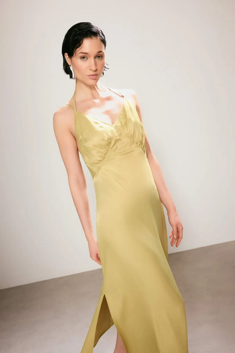 Oil Green Satin Maxi Woven Dress - 1