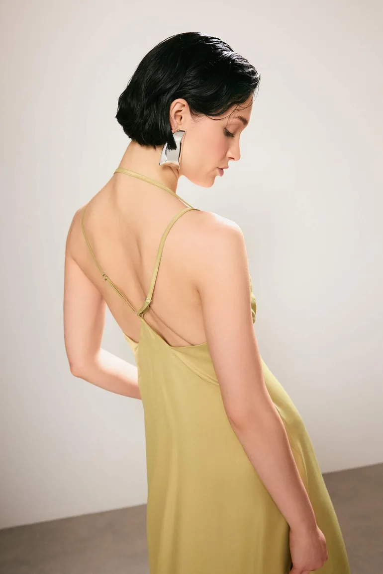 Oil Green Satin Maxi Woven Dress - 2