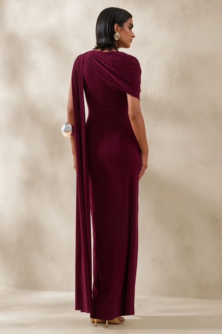 Palomara | Burgundy Round-Neck Maxi Dress With Sash And Front-High Split - 2