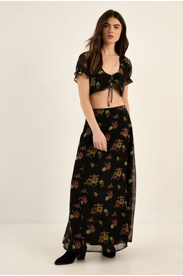 Painted Floral Chiffon Lace Trim Tie Front Crop Top