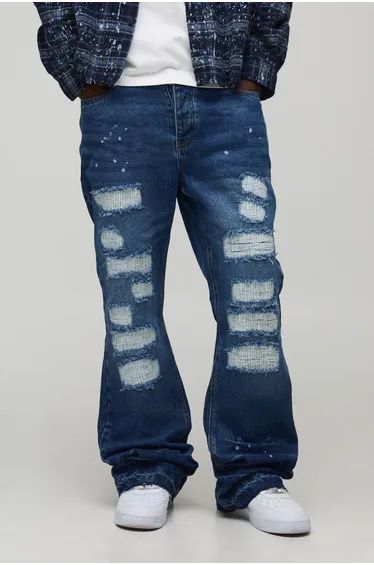 Straight Flared Stacked Stitch Ripped Detail Jeans - mid blue
