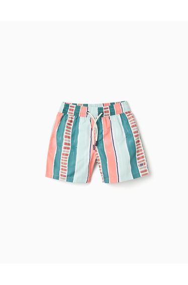 Striped Swim Shorts With Drawstring For Boys, Orange/Green