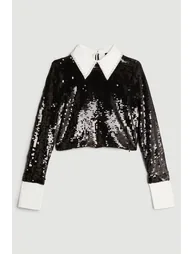 Black Sequin Woven Long Sleeve Crop Top - 3