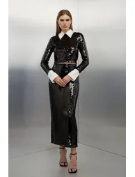 Black Sequin Woven Long Sleeve Crop Top