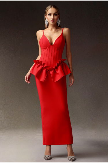 Hayli Deep-V Falbala Slim Backless Bandage Maxi Dress