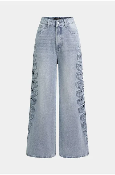 Denim Cut Out Bird Applique Pocket Jeans
