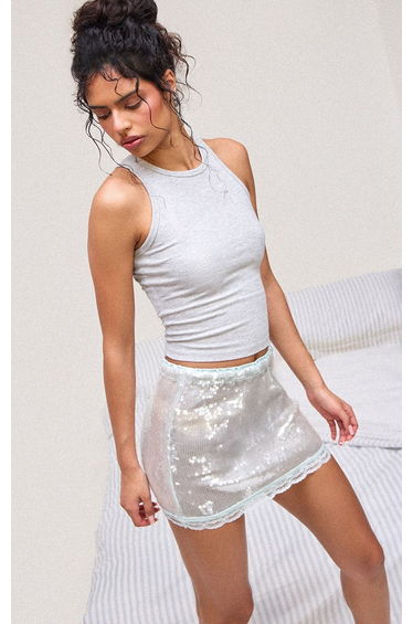Light Blue Sequin Lace Detail Mini Skirt
