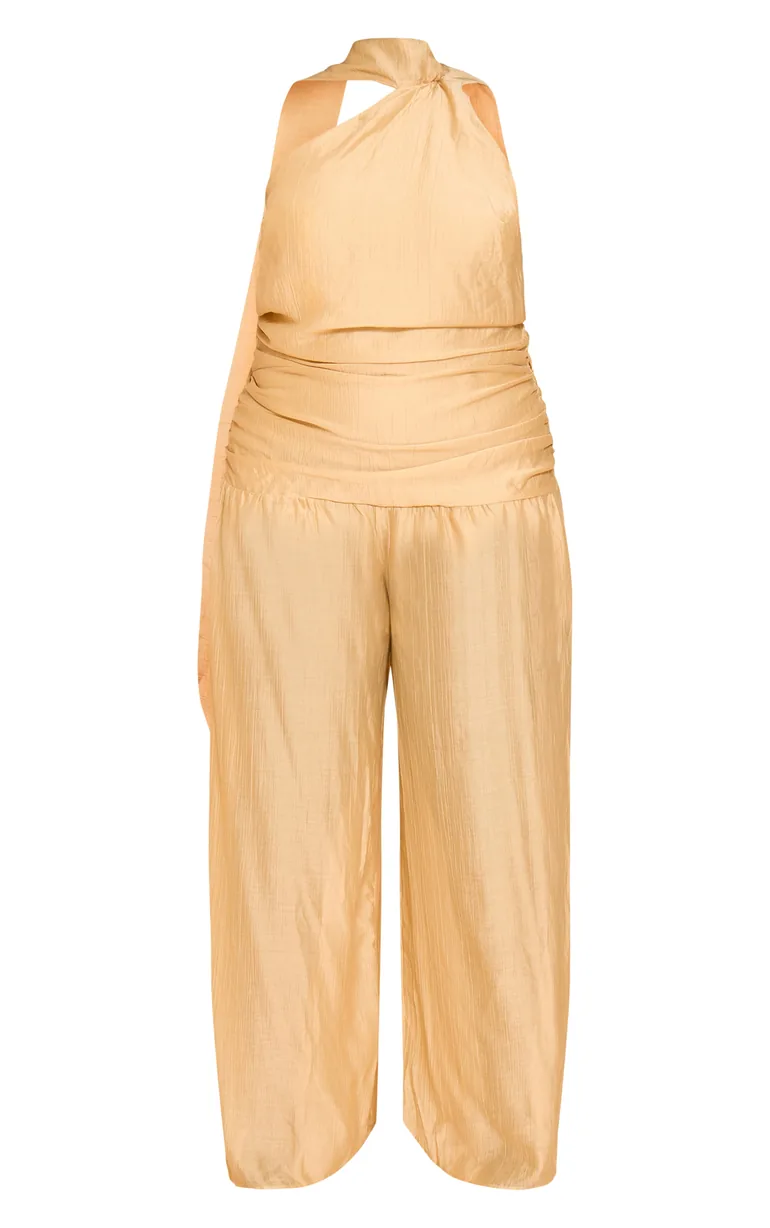 Plus Sand Textured One Shoulder Scarf Detail Jumpsuit - 4