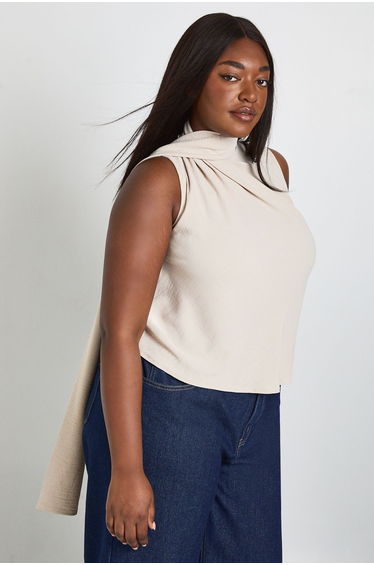 Plus Wrap Over Scarf Top - stone