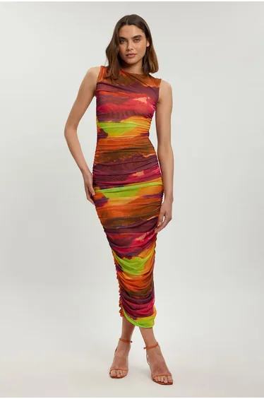 Petite Marbled Printed Mesh Ruched Jersey Maxi Dress
