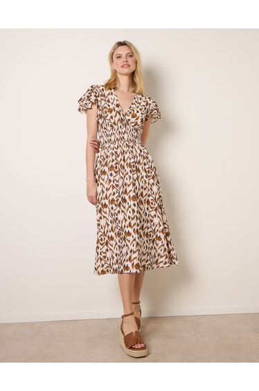 Printed V Neck Frill Sleeve Midi Dress