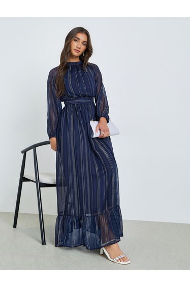 Women Blue Striped Balloon Sleeves A-Line Maxi Dress