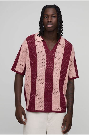 Relaxed Open Stitch Stripe Knitted Polo - pink