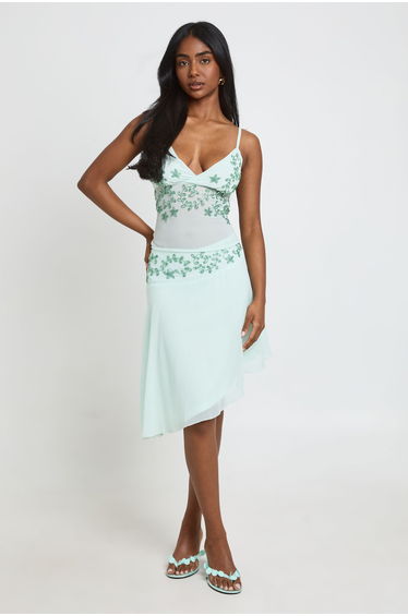 Embroidered Sequin Asymmetric Midi Skirt - aqua