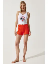 Women's White Orange Printed Athlete Shorts Pajamas Set - 4