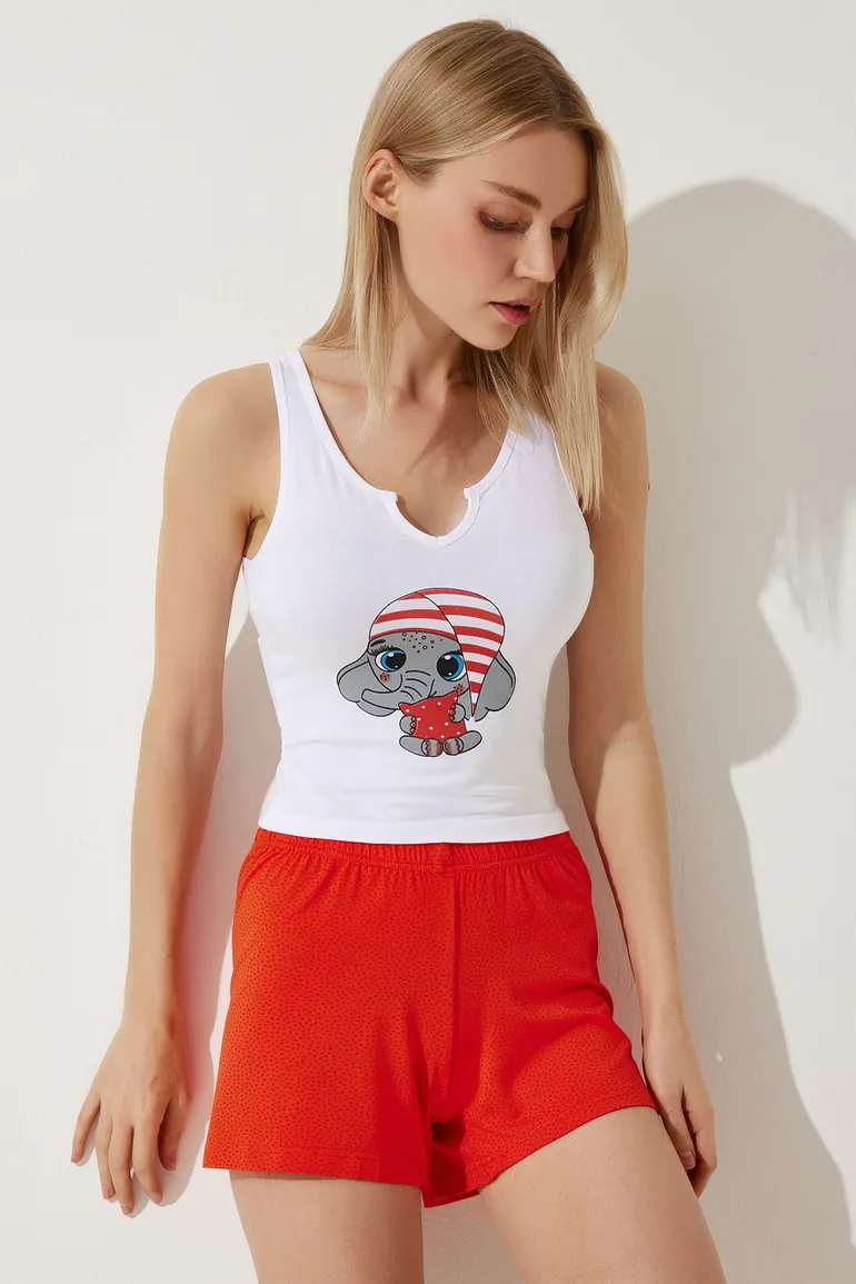 Women's White Orange Printed Athlete Shorts Pajamas Set