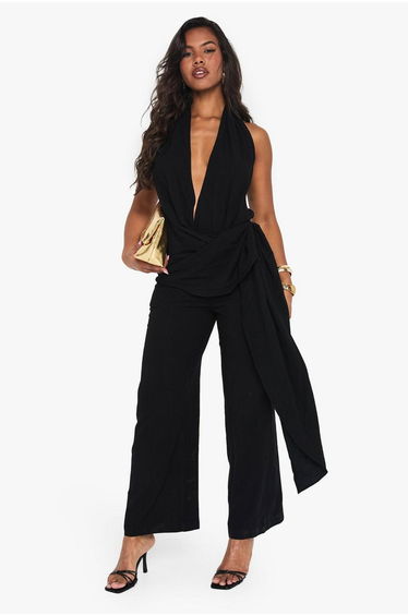 Linen Look Drape Cowl Wrap Jumpsuit - black
