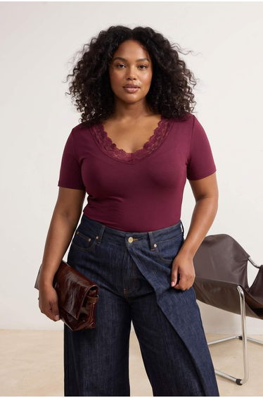 Plum Short Sleeve Collar Lace Detailed Knitted Large Size Blouse