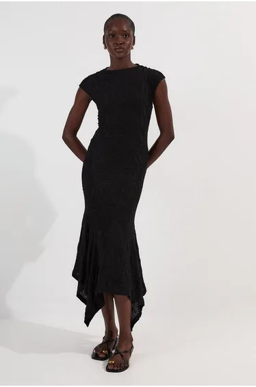 Textured Hanky Hem Short Sleeve Trim Detail Jersey Maxi Dress