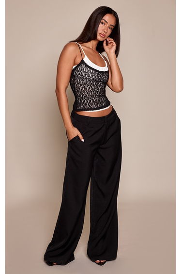 Petite Black Contrast Double Layer Lace Cami Top