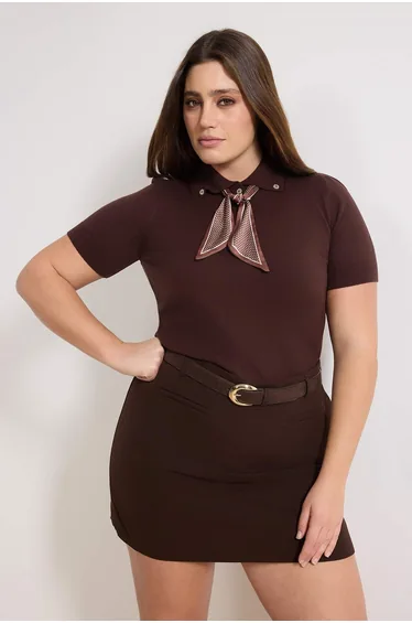 Brown Scarf Detailed Polo Neck Premium/Special Yarn Knitwear Blouse