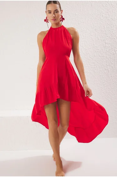Red Mini Woven Flounce Beach Dress