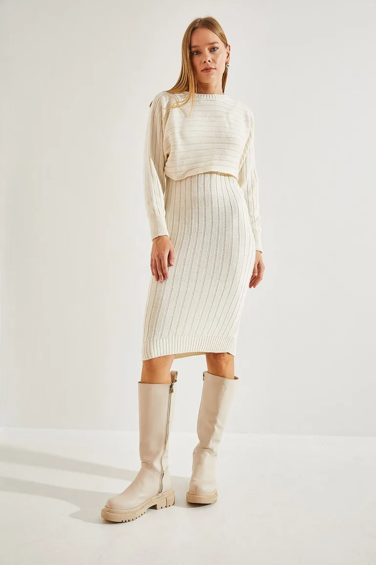 beige midi jumper dress Beige Open Twist Back Knit Midi Dress