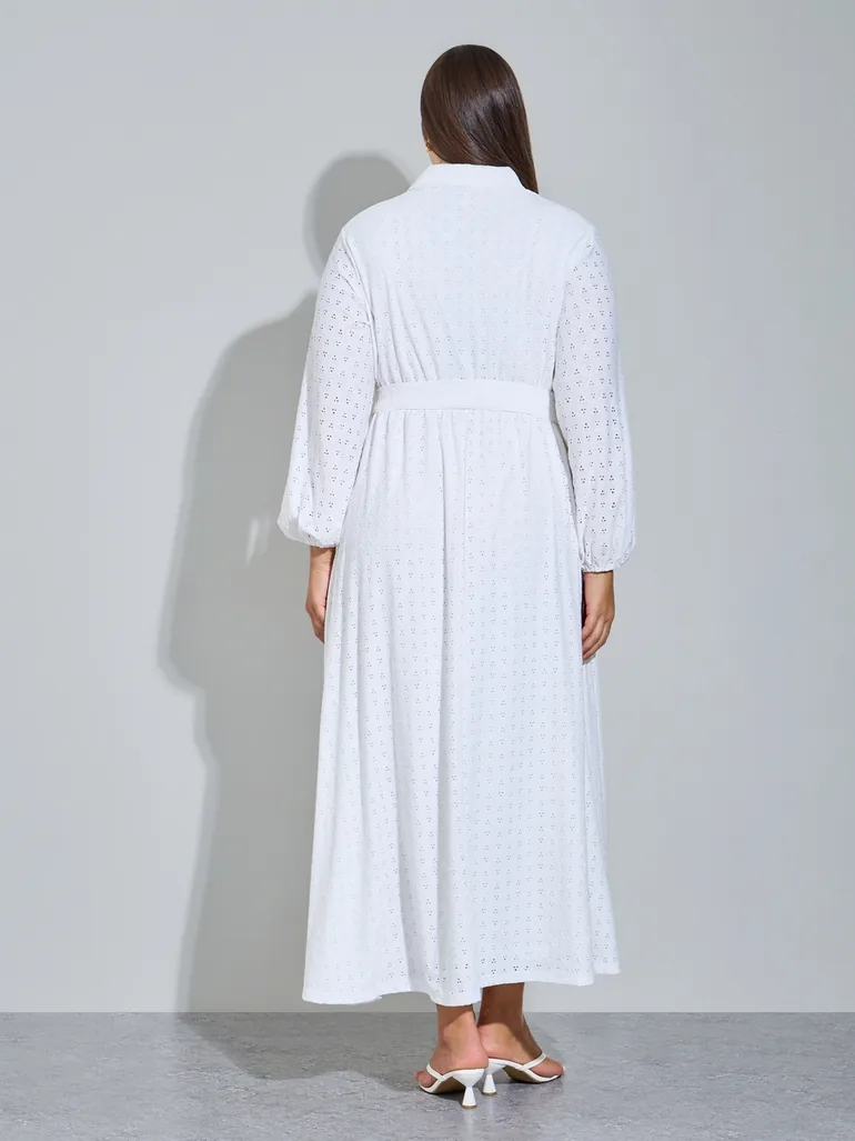 Plus Size White Eyelet Details Shirt Maxi Dress - 4