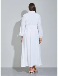 Plus Size White Eyelet Details Shirt Maxi Dress - 4