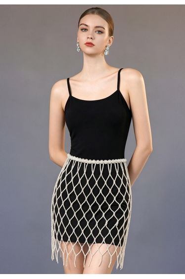 Handcrafted Pearl Tassel Lattice Skirt Body Chain for Rave Parties & Beach Gatherings