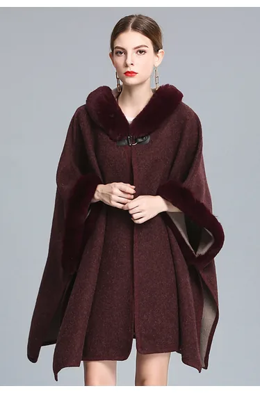 Cozy Faux Fur Hooded Poncho in Burgundy