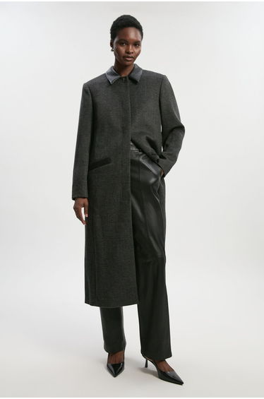 Brushed Wool Check Pu Mix Tailored Midi Coat