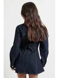 Petite Long Sleeve Cinched Waist Denim Dress - indigo - 2