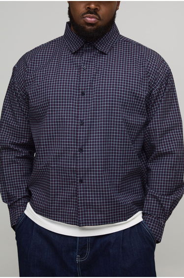Plus Oversized Boxy Varsity Print Micro Check Shirt - grey