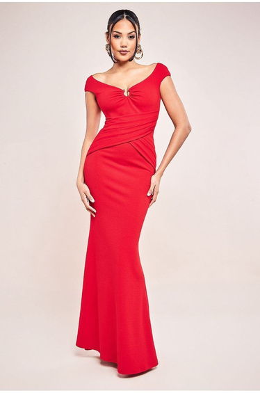 Goddiva Bardot Pleated Maxi With Metal Trim Maxi Dress