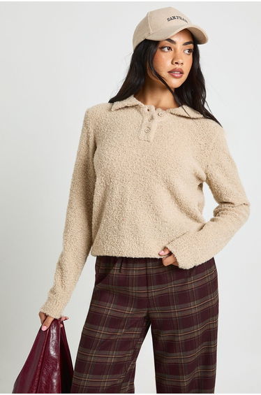 Soft Boucle Knit Collared Button Down Oversized Jumper - stone