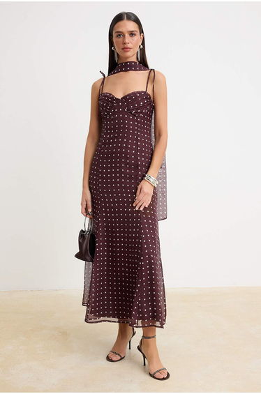 Brown-Multicolor Polka Dot Pack Woven Chiffon Maxi Lined Dress
