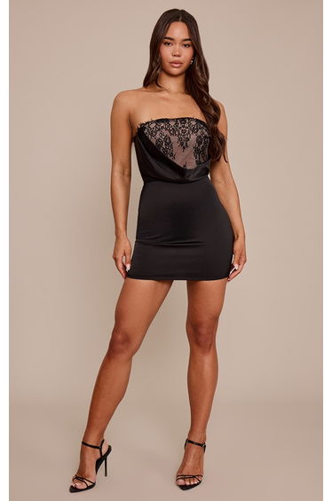 Black Satin Lace Detail Mini Dress