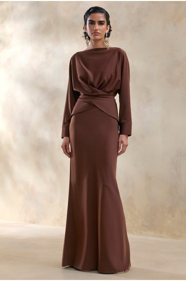 Elaria | Brown Satin Maxi-Skirt