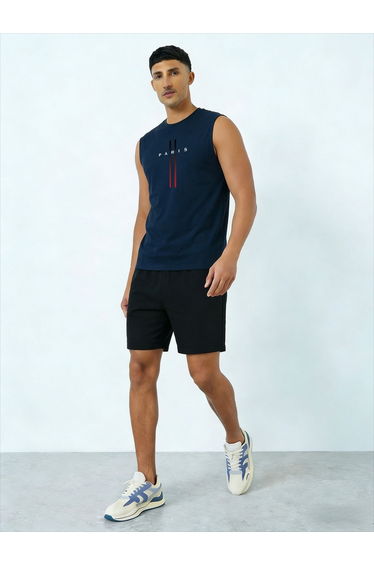 Men Navy Blue Graphic Print Round Neck Tank and Shorts Co-Ords