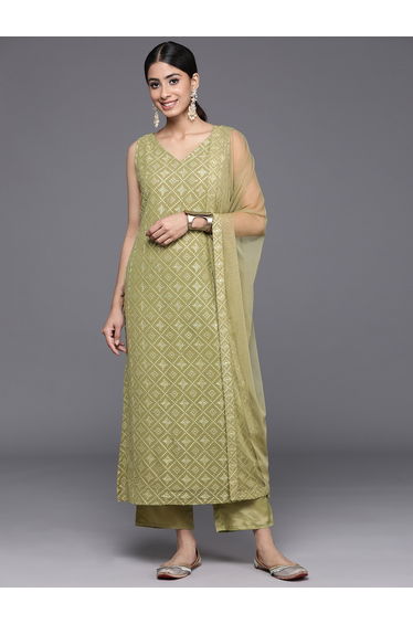 Embroidered Straight Kurta and Mid Rise Trousers with Solid Dupatta Set