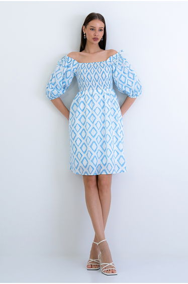 Blue Square Neck Watermelon Sleeve Linen Mini Dress with Gipeli Front and Lining Inside