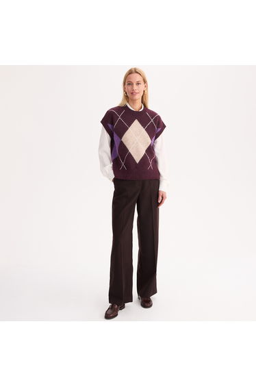 25% Wool and 25% Alpaca Checked Argyle Patterned Sleeveless Jumper/Sweater
