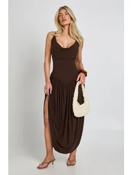 Slinky Cami Maxi Dress With Ruched Waistband - chocolate
