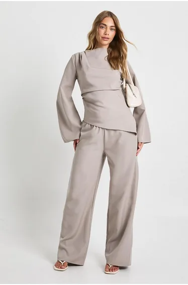 Draped Asymmetric Top & Wide Leg Trouser Co-ord - mushroom