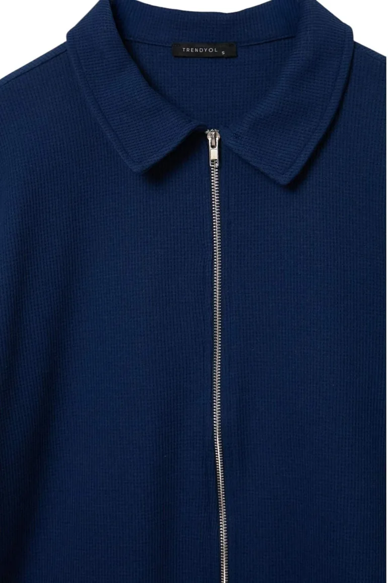 Navy Blue Regular/Normal Cut Waffle Textured Polo Collar Zippered Cardigan/Sweatshirt - 1