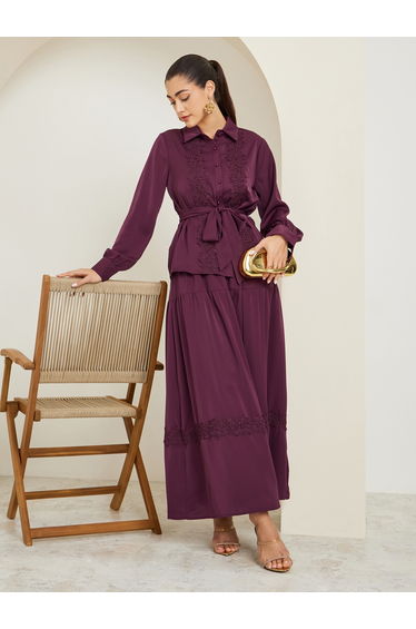 Burgundy Lace Trim Shirt and Maxi Skirt Co-Ords