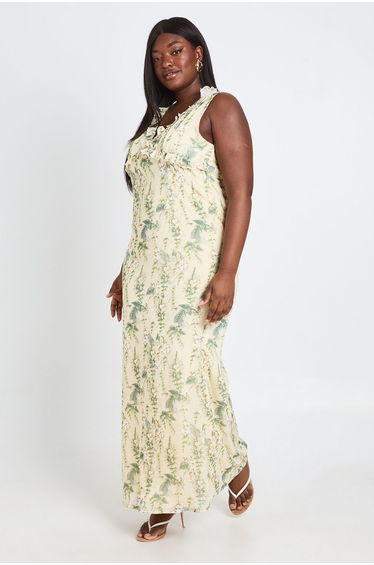 Plus Floral Chiffon Ruffle Detail Maxi Slip Dress - lime
