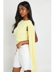 Sheer Textured Ruched Drape Detail Top - lemon - 2